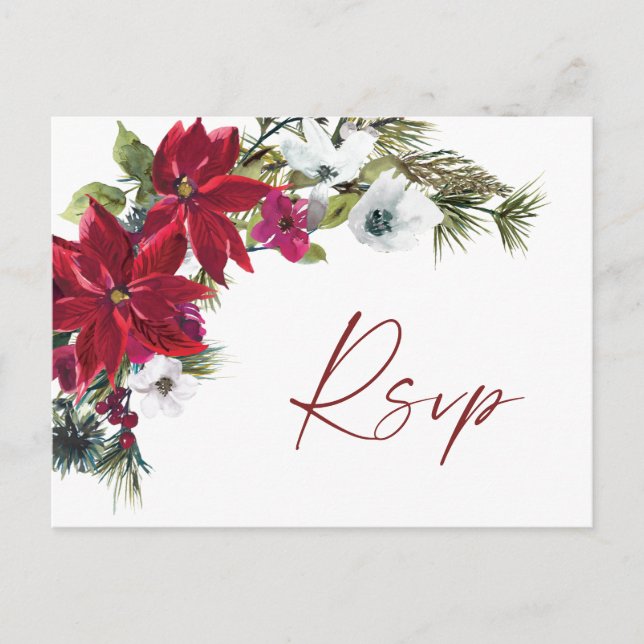 Cartão Postal RSVP de Casamento de Poinsettia Vermelha com a Esc (Frente)