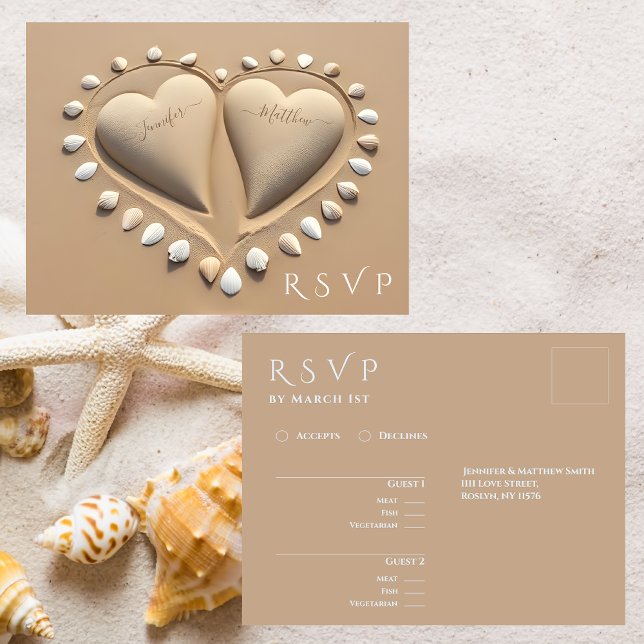Cartão Postal RSVP de Casamento de Praia - Corações de Areia (Beach Wedding RSVP- Sand Hearts Postcard )