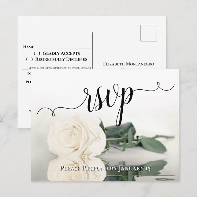 Cartão Postal RSVP de Casamento de Rosa de marfim branco reflexi (Frente/Verso)