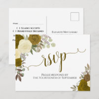 RSVP de Casamento de Rosas de Aquarela Dourada Ele