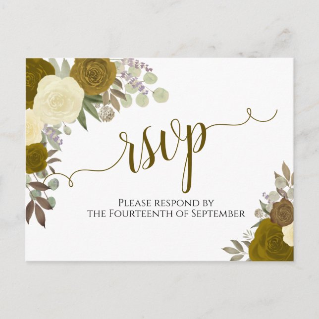 Cartão Postal RSVP de Casamento de Rosas de Aquarela Dourada Ele (Frente)