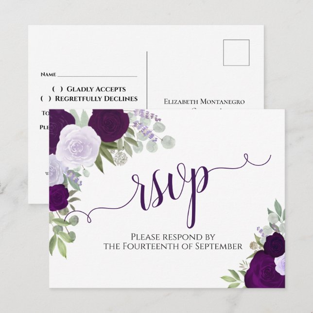Cartão Postal RSVP de Casamento de Rosas de Aquarela Roxo Elegan (Frente/Verso)