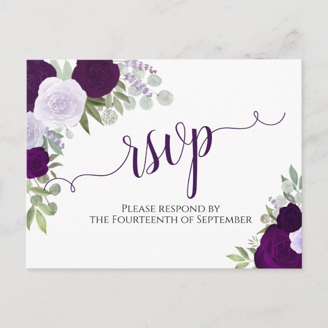 Cartão Postal RSVP de Casamento de Rosas de Aquarela Roxo Elegan (Frente)