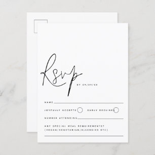 Cartão Postal RSVP de Casamento de Script Branco Negro Minimalis