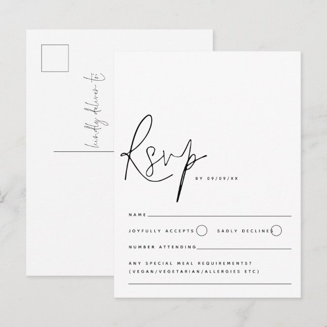 Cartão Postal RSVP de Casamento de Script Branco Negro Minimalis (Frente/Verso)