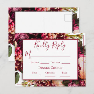 Cartão Postal RSVP de Casamento de Script Floral Rosa-Rosa-Rosa-