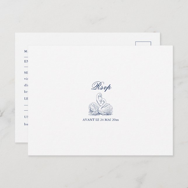 Cartão Postal RSVP de Casamento de Swans de Amor Descrito Minima (Frente/Verso)