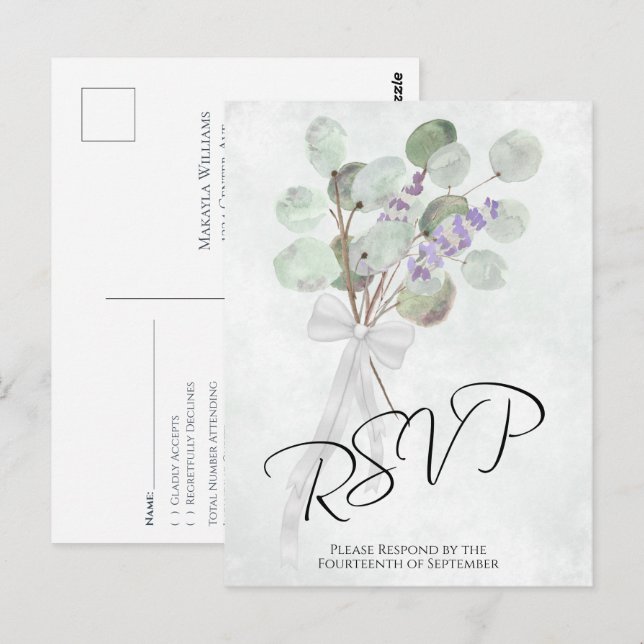 Cartão Postal RSVP de Casamento do Buquê Eucalyptus Lavanda Rust (Frente/Verso)