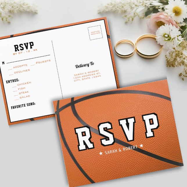 Cartão Postal RSVP de Casamento do Esporte de Basquete (Basketball Sport Wedding RSVP Postcard)