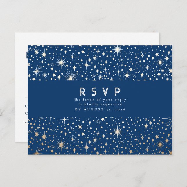 Cartão Postal RSVP de Casamento Dourado e Azul da Noite Estrelad (Frente/Verso)