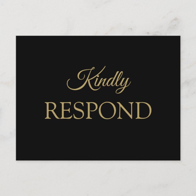 Cartão Postal RSVP de Casamento Dourado e Negro Romântico (Frente)