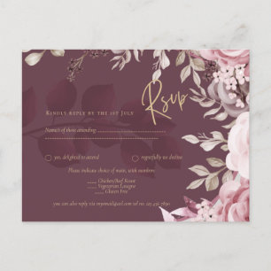 Cartão Postal RSVP de Casamento Floral de Maroon Cor-de-Rosa-Azu