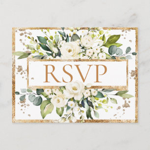 Cartão Postal RSVP de Casamento Floral do Monograma Branco Doura