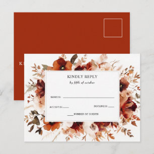Cartão Postal RSVP de Casamento Floral Outono em Laranja Queimad