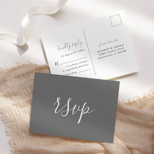 Cartão Postal RSVP de Casamento Minimalista Cinza Moderno