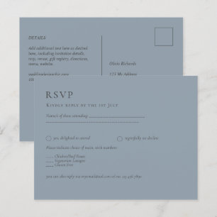 Cartão Postal RSVP de Casamento Monocromático Azul Dusty