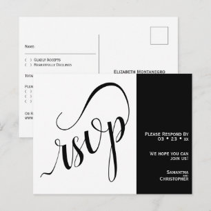 Cartão Postal RSVP de Casamento Negro e Branco Minimalista de 2 