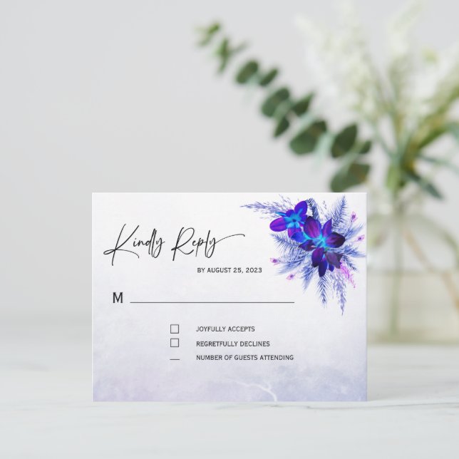 Cartão Postal RSVP de Casamento Orquídeo Azul (Em pé/Frente)