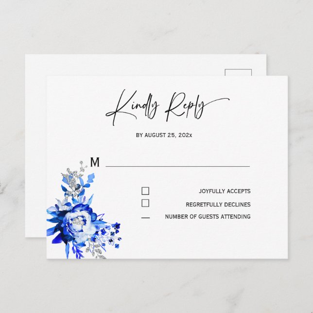 Cartão Postal RSVP de Casamento Real Azul e Prata (Frente/Verso)