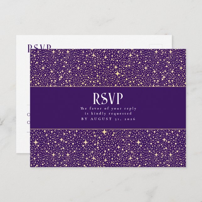 Cartão Postal RSVP de Casamento Roxo das Estrelas Noturnas (Frente/Verso)