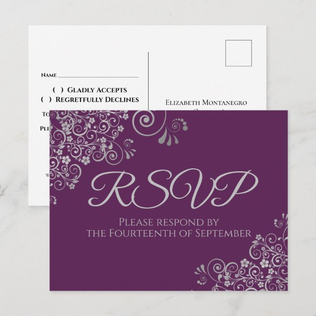 Cartão Postal RSVP de Casamento Roxo de ameixas de Prata Elegant (Frente/Verso)