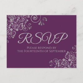 Cartão Postal RSVP de Casamento Roxo de ameixas de Prata Elegant