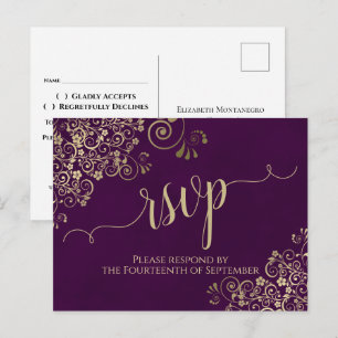 Cartão Postal RSVP de Casamento Roxo Elegante de Caligrafia Dour