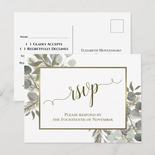 Cartão Postal RSVP de Casamento Rustic Eucalyptus & Ouro Pine (Frente/Verso)
