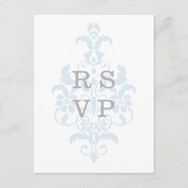 Cartão postal RSVP de Casamento tema damasco Azul (Frente)