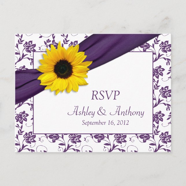 Cartão postal RSVP de Casamento tema damasco Roxo  (Frente)
