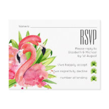 Cartão postal RSVP de Casamento Tropical Flamingos