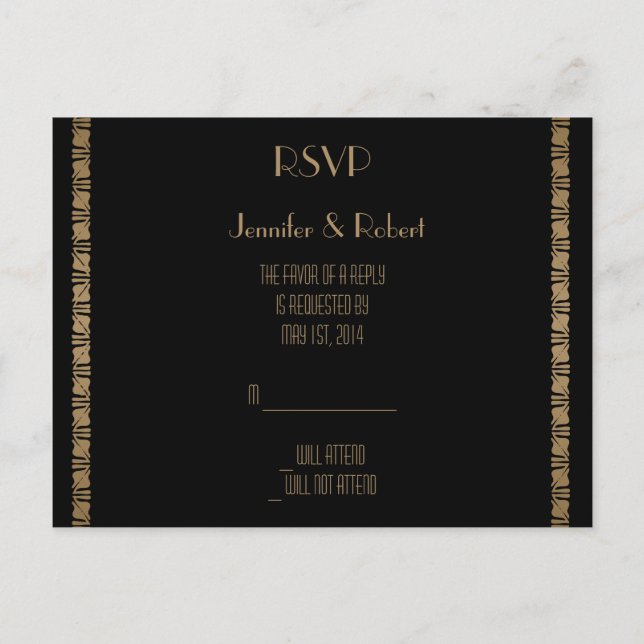 Cartão postal RSVP de Deco de Arte Preta e Dourada (Frente)