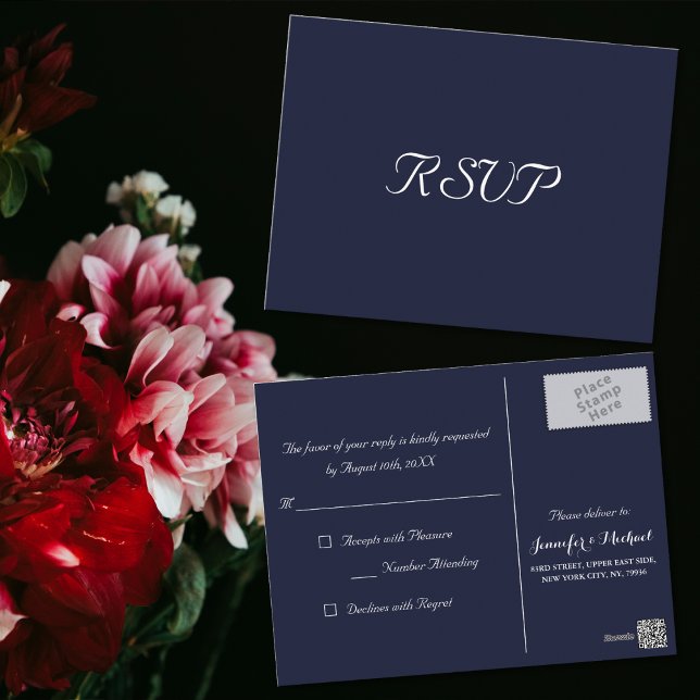 Cartão Postal RSVP de Resposta de Casamento do Partido Azul do M (Elegant Navy Blue Party Wedding Response RSVP Postcard)