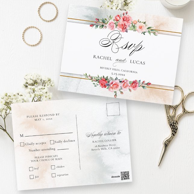 Cartão Postal RSVP de Rosas Rosa Romântica e Caligrafia (Criador carregado)