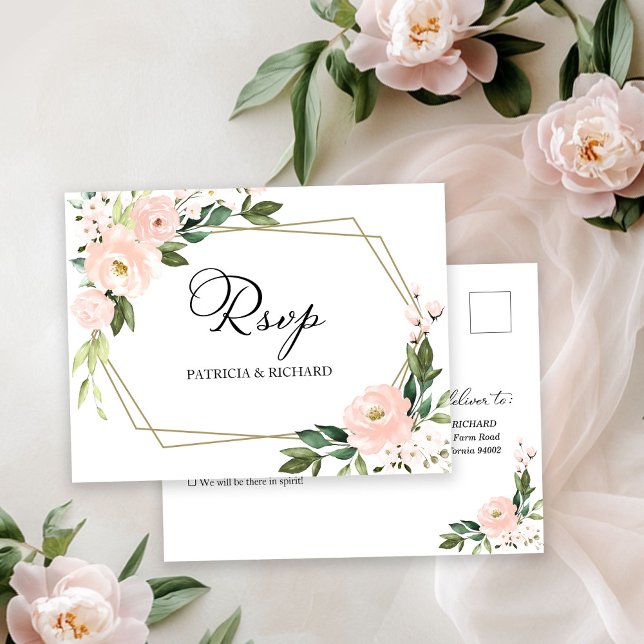 Cartão Postal RSVP Floral Geométrico com Toque Rosa Casamento (Criador carregado)