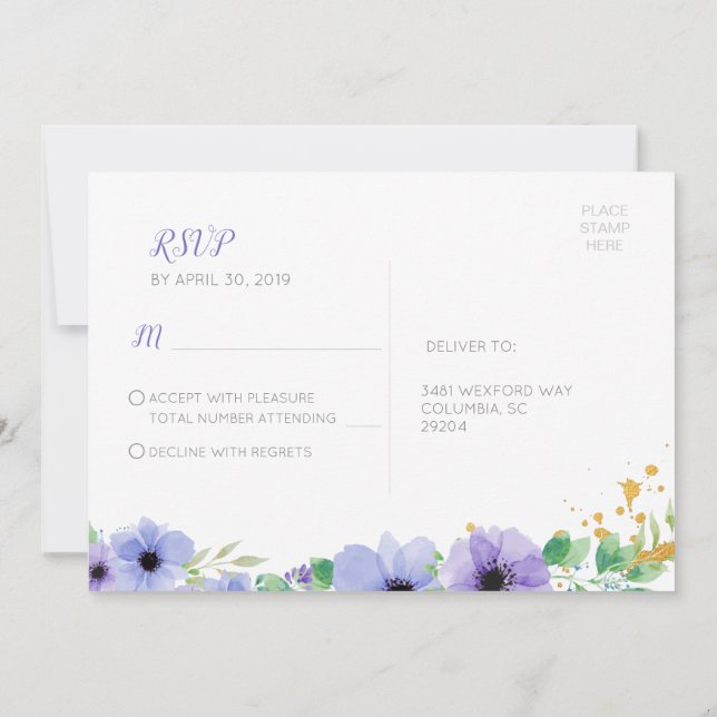 Cartão postal RSVP Floral Romântico Roxado (Verso)