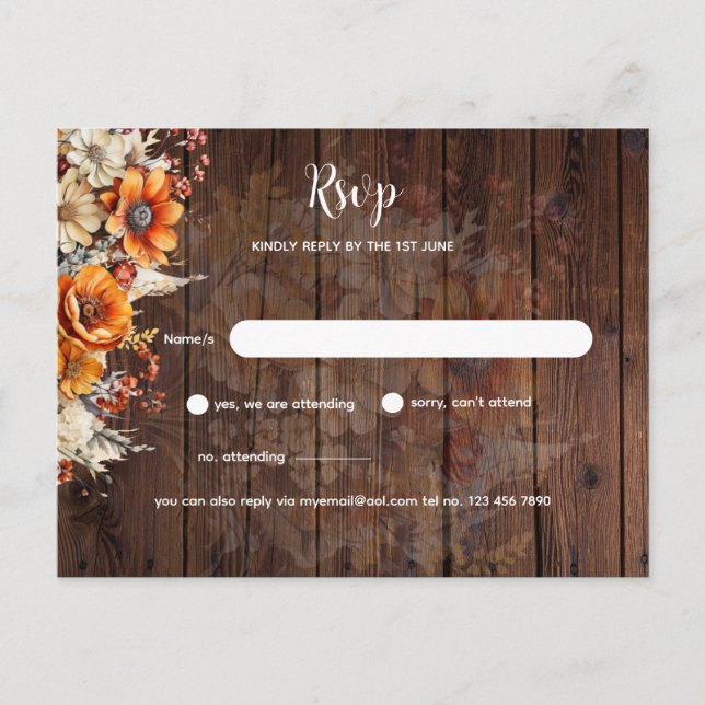 Cartão Postal RSVP Floral Rustic Fall (Frente)