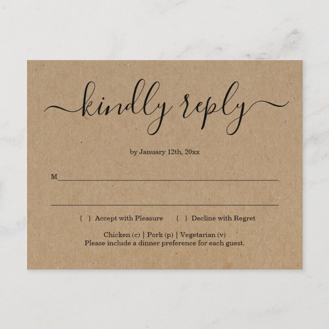 Cartão postal RSVP - Kraft Rustic (Frente)
