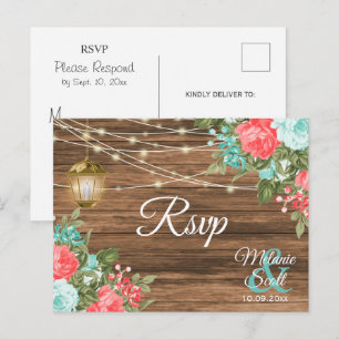 Cartão Postal RSVP - Madeira, Lanterna e Teal, Casamento Floral