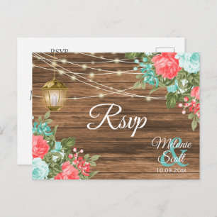 Cartão Postal RSVP — Madeira, Lanterna e Teal, Casamento Floral 