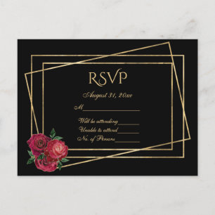 Cartão Postal RSVP Preto e Dourado com Rosas de vidro vermelho p