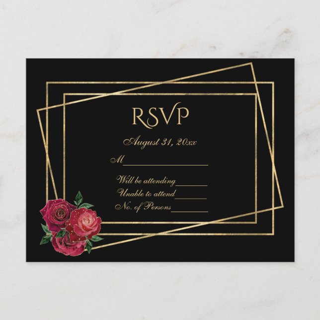 Cartão Postal RSVP Preto e Dourado com Rosas de vidro vermelho p (Frente)