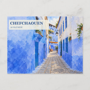 Cartão Postal Rua Azul de Chefchaouen Aquarela Marrocos