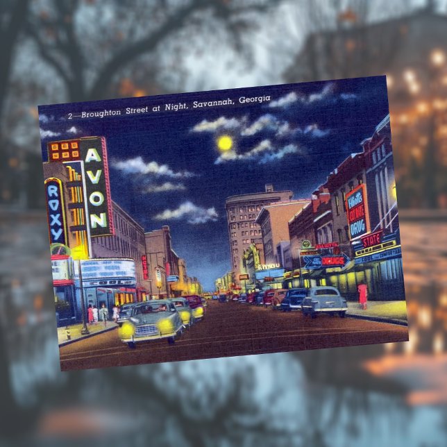 Cartão Postal Rua Broughton no Night Savannah GA Histórico (Criador carregado)