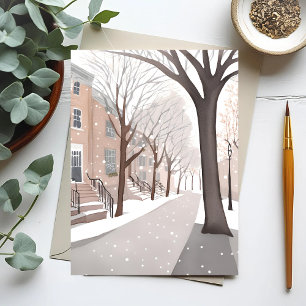 Cartão Postal Rua Brownstone Aquarela de Inverno Nevado