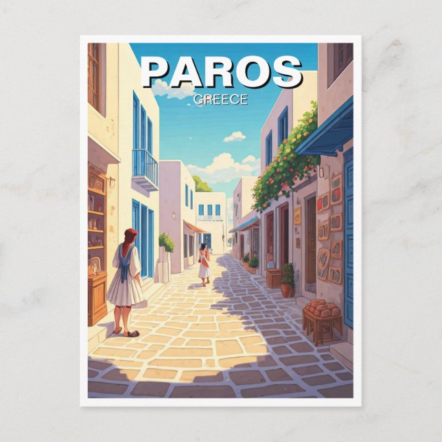 Cartão Postal Rua Cobblestone das Ilhas Grécias Paros (Frente)