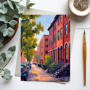 Cartão Postal Rua da Cidade de Brownstone Aquarela de Tijolo d