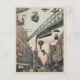 Cartão Postal Rua da Cidade Futurista Vintage com Veículos Voado
