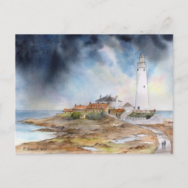 Cartão Postal Rua Marys Lighthouse Whitley Bay Watercolor (Frente)
