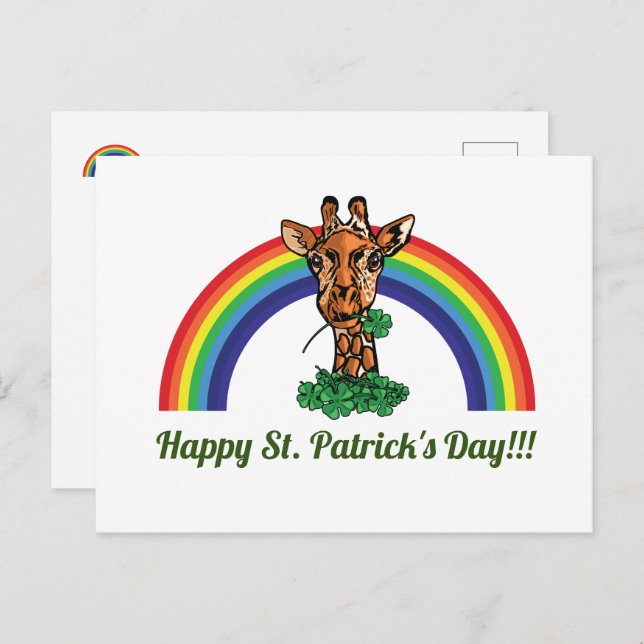 Cartão Postal Rua: Patricks Day Giraffe and Rainbow Postcard (Frente/Verso)